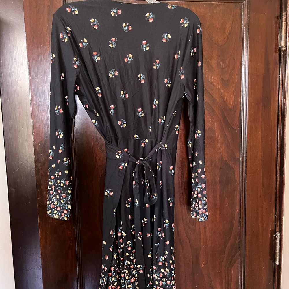 Loft Ann Taylor Black Floral Wrap Dress Long Sleeve Tie Waist Stretch - Picture 5 of 9